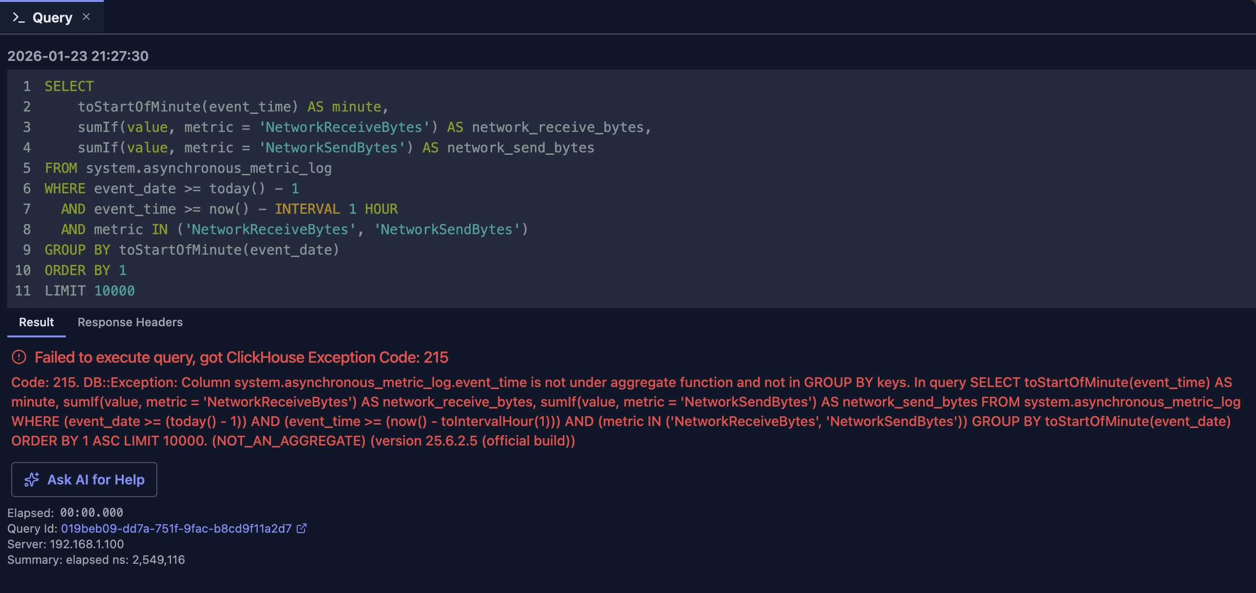 AI help dialog explaining ClickHouse table engine concepts with detailed descriptions and recommendations
