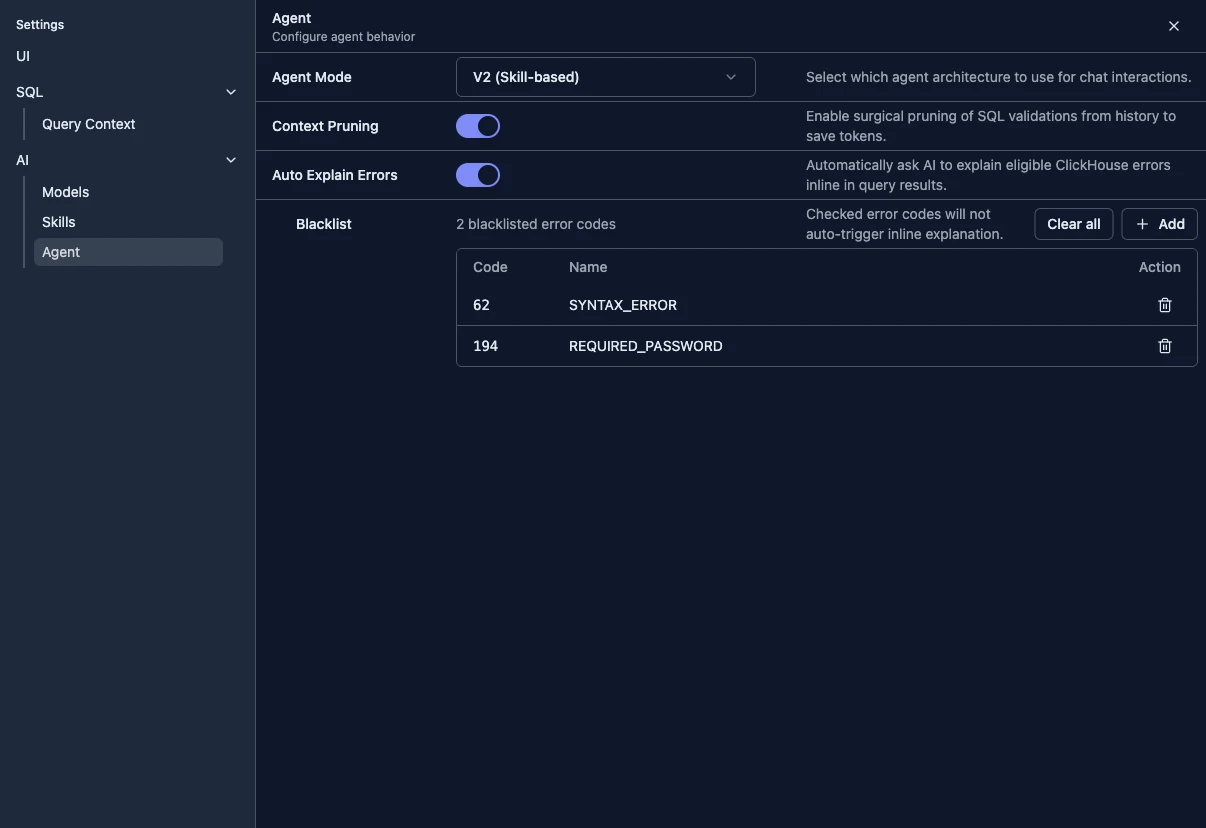 AI agent settings with auto explain and blacklist