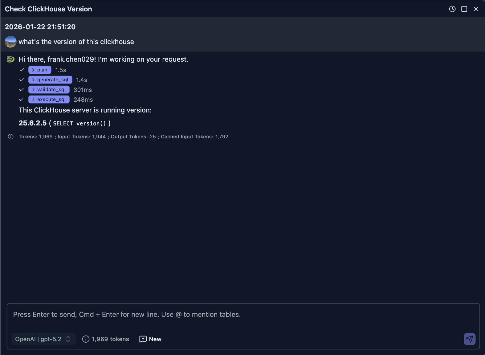 AI chat response showing generated SQL query to retrieve ClickHouse version with execution results
