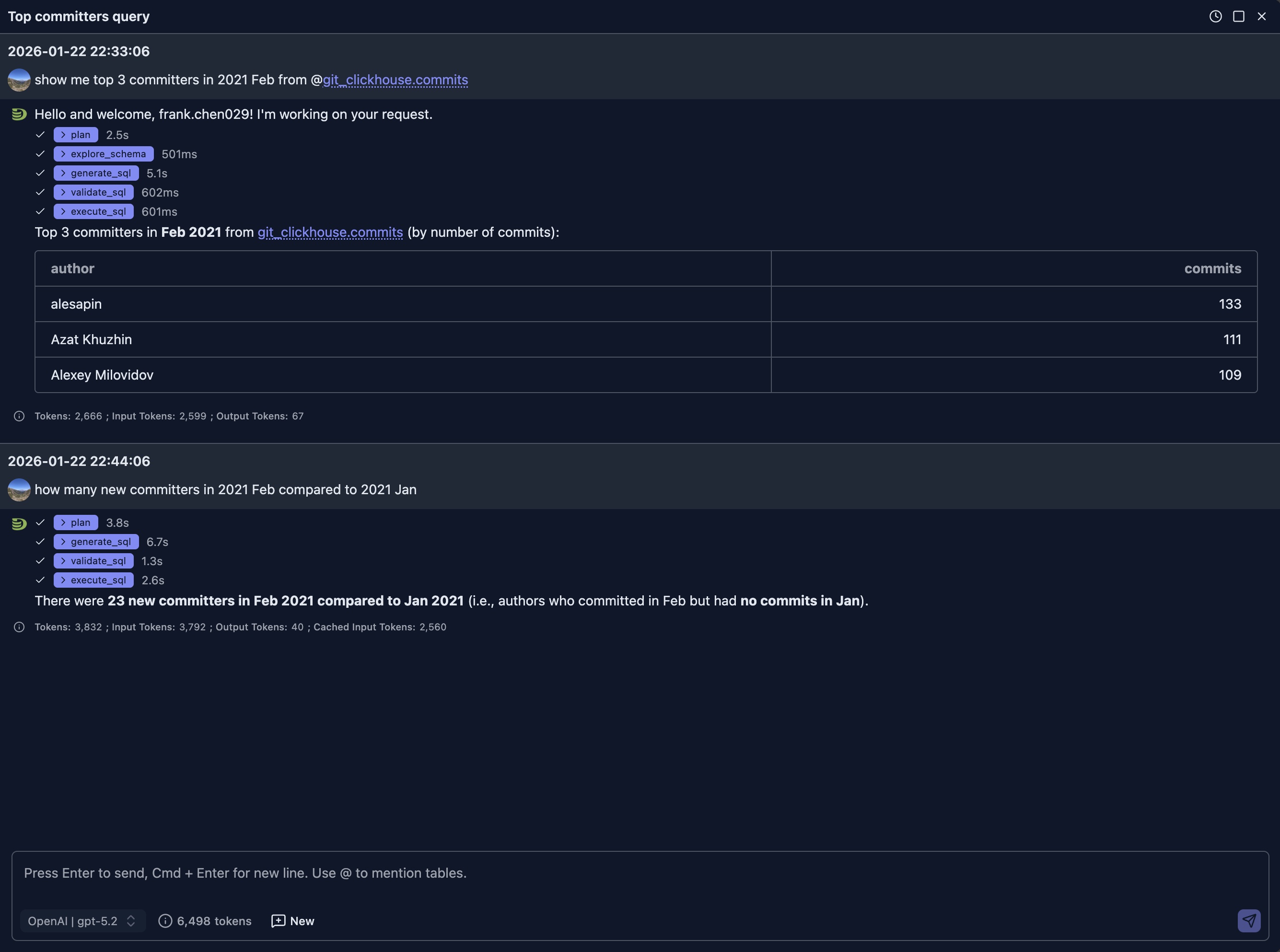 Follow-up query comparing new committers between January and February 2021 using CTE SQL generated by AI