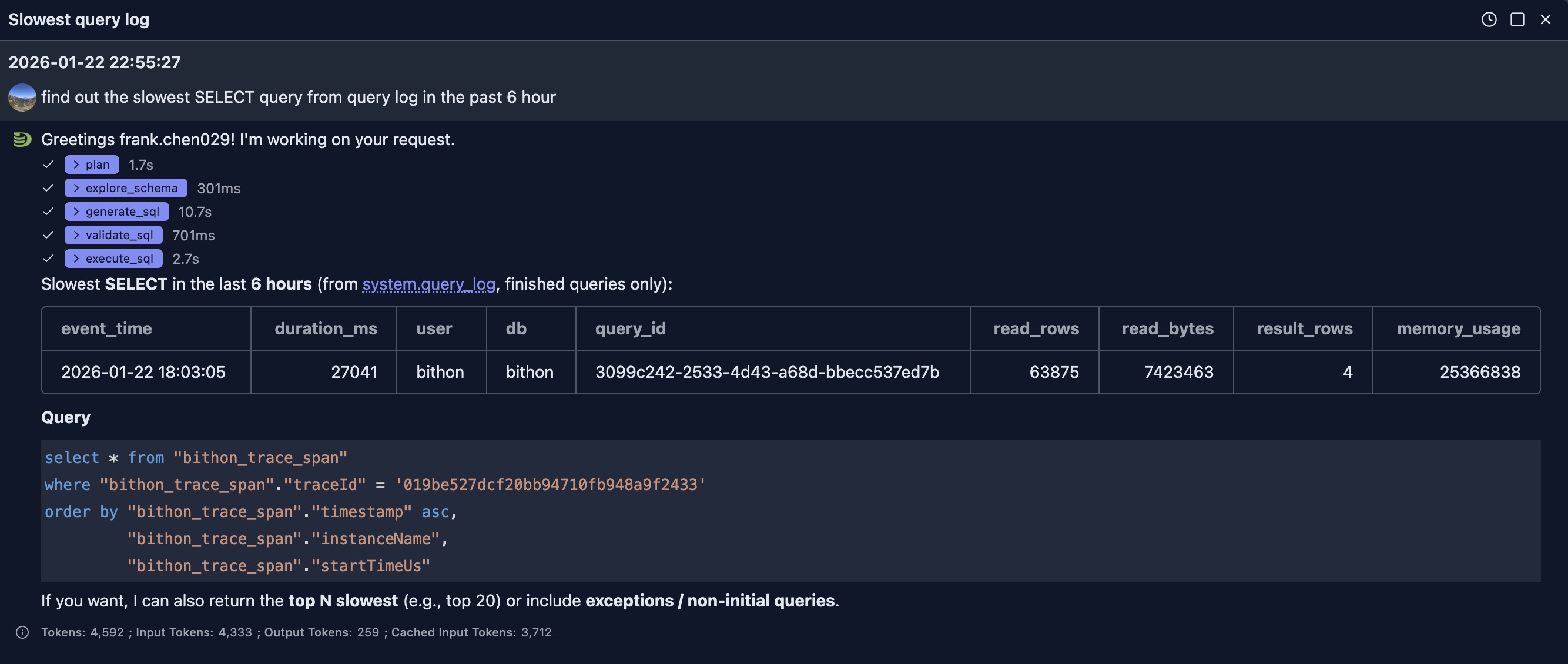 AI-generated query identifying the slowest SELECT query from query log in the past 6 hours with execution time details