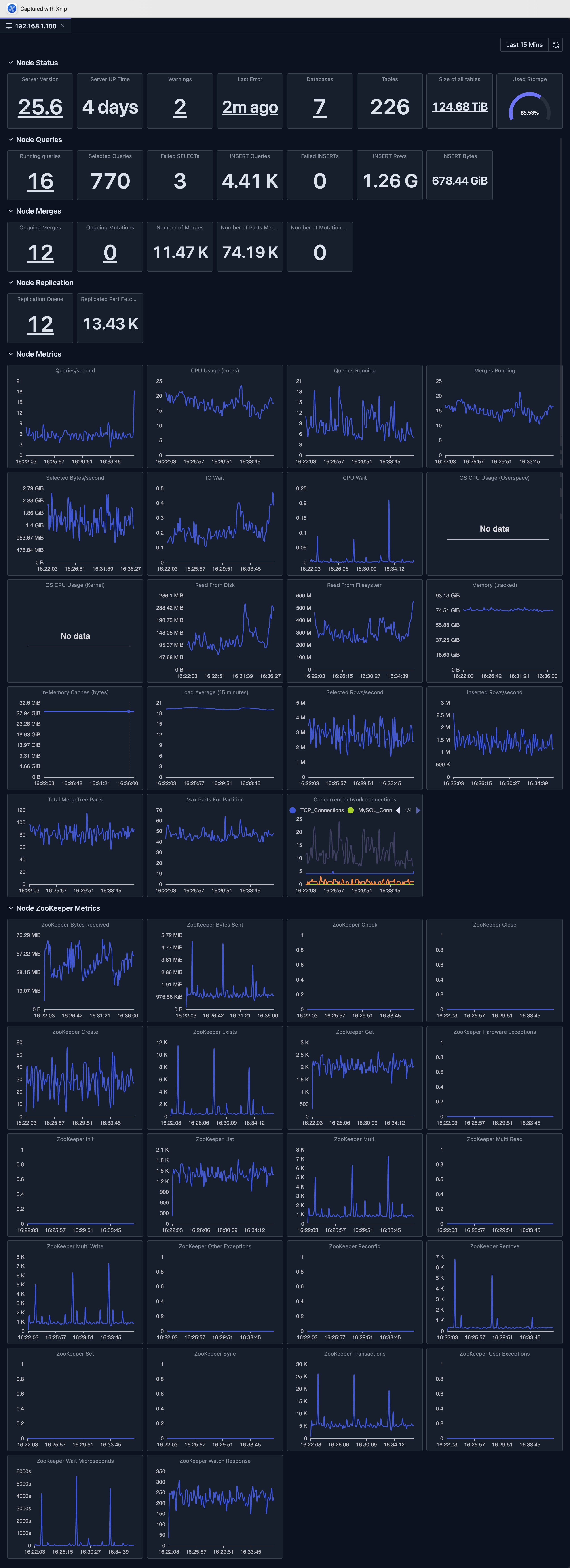 Node dashboard showing detailed metrics for a single ClickHouse node including CPU, memory, disk I/O, and active queries