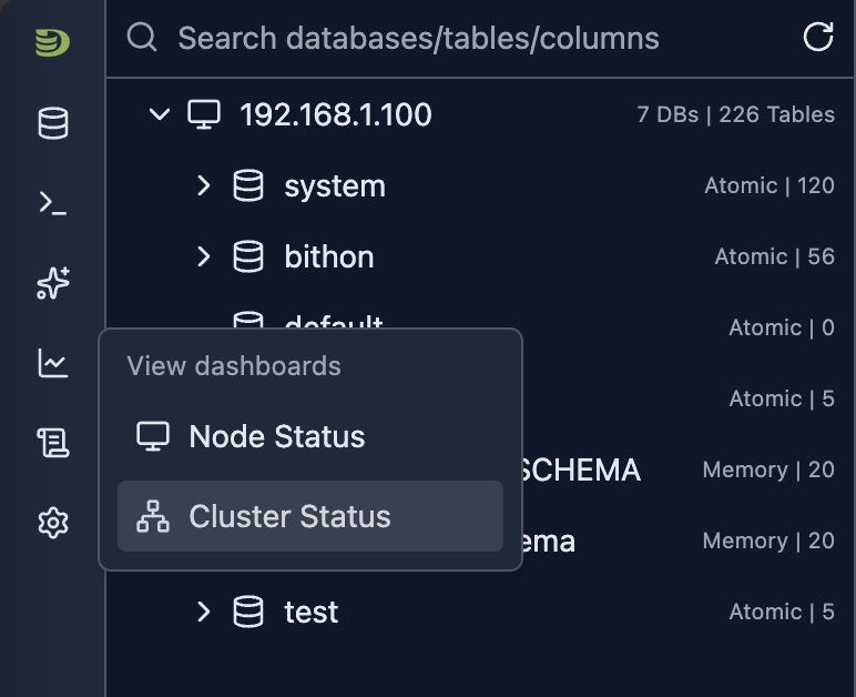 Opening cluster dashboard from sidebar navigation showing cluster selection interface