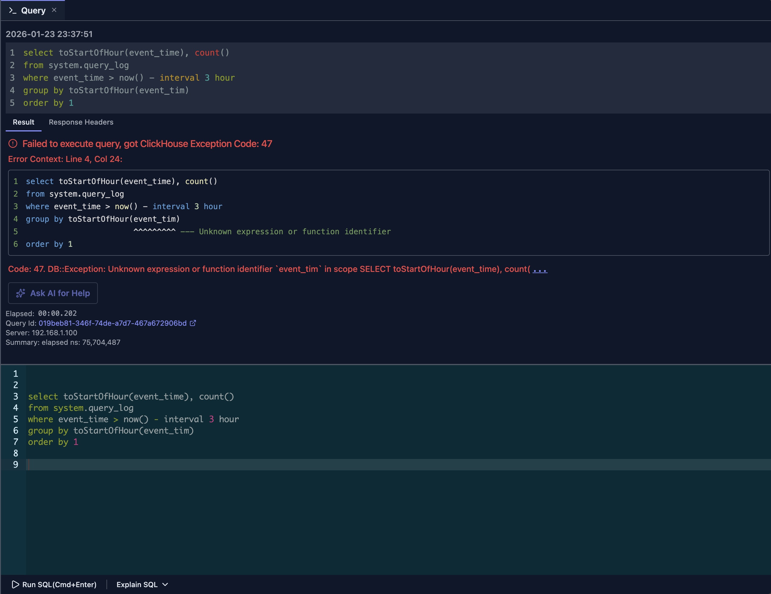 Error diagnostics interface showing AI-powered error explanation with suggestions for fixing a typo in column name 'event_tim'
