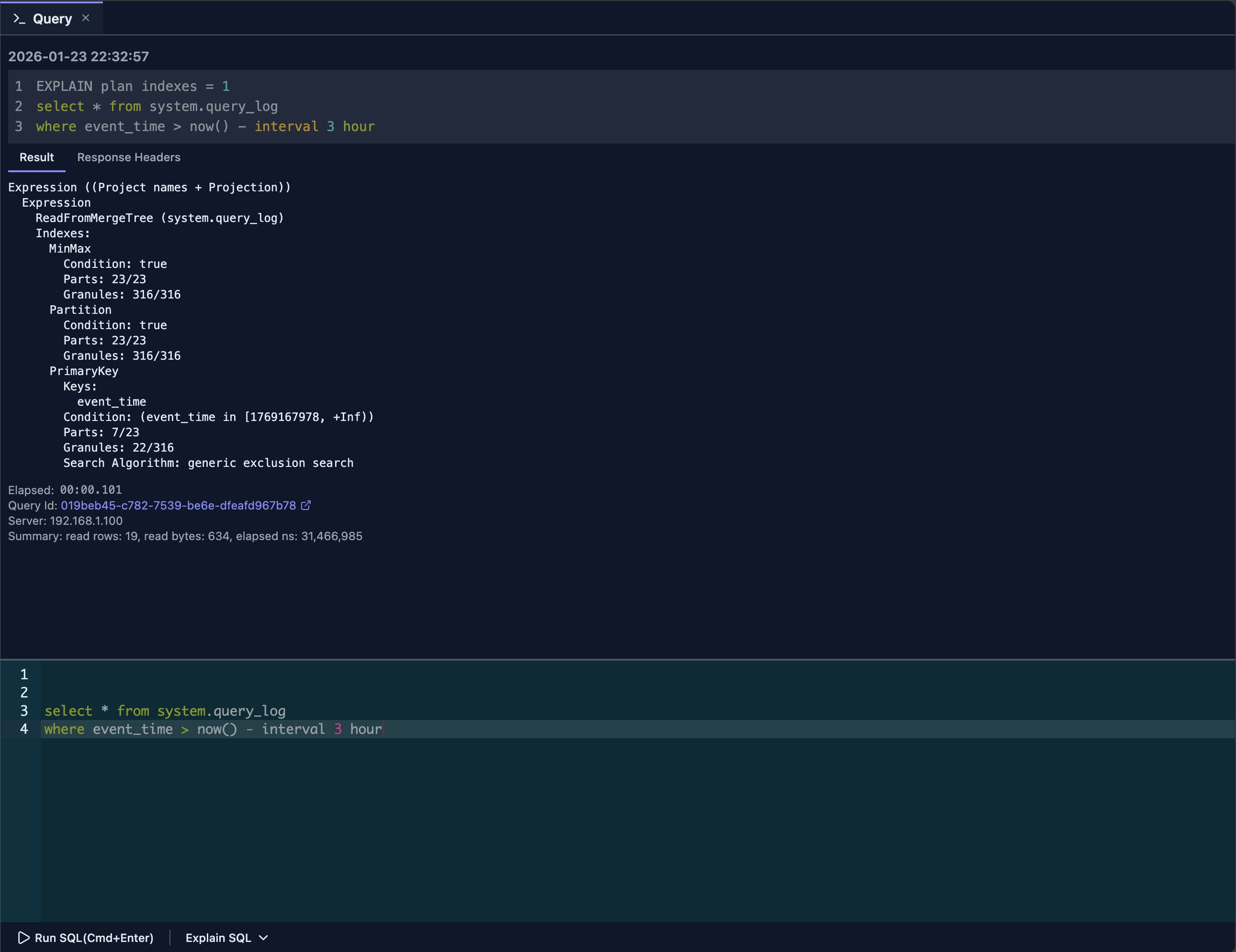 EXPLAIN PLAN indexes view showing primary key usage, partition pruning, projections, and secondary index analysis