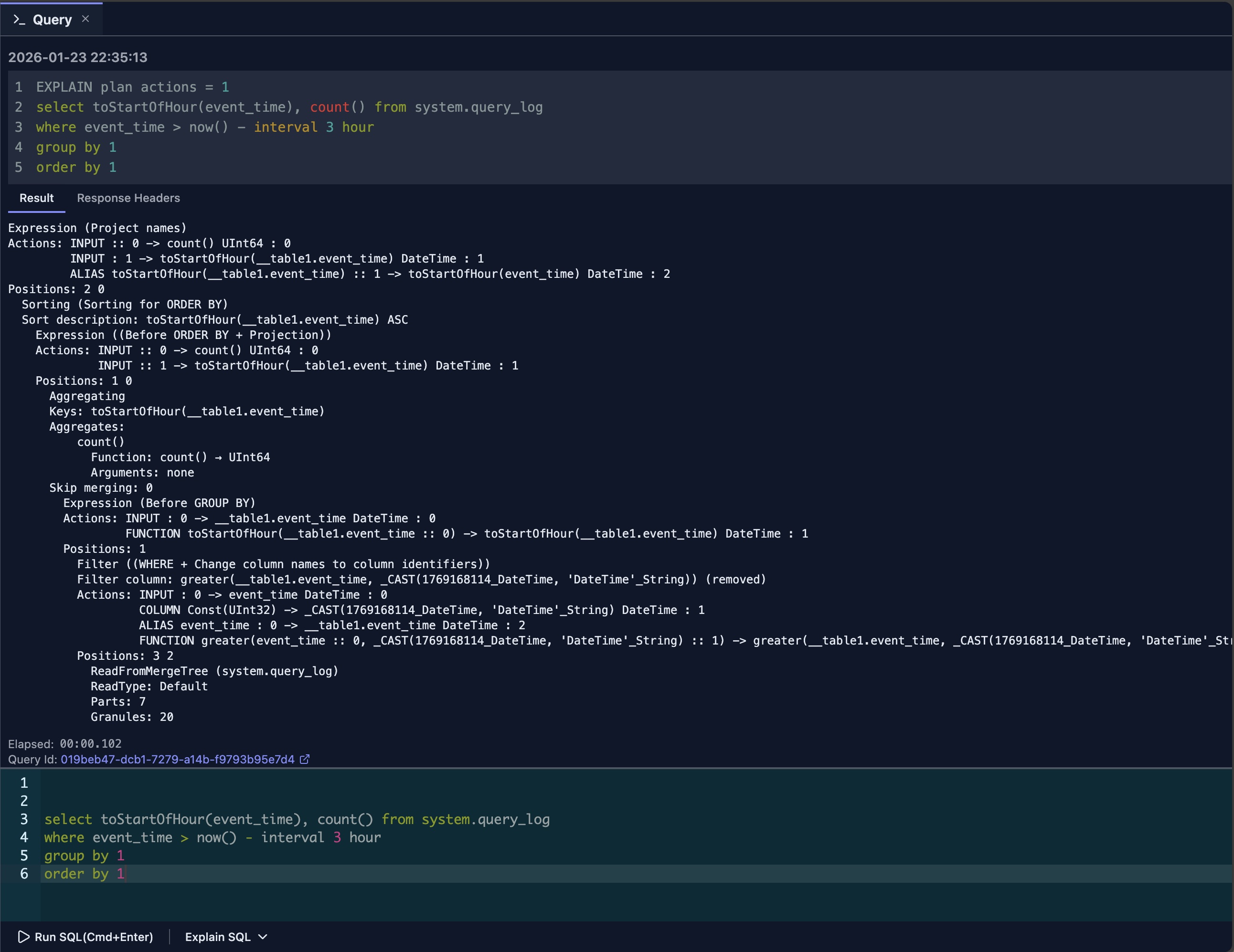 EXPLAIN PLAN actions displaying logical execution plan with filter pushdown, join strategies, and aggregation methods