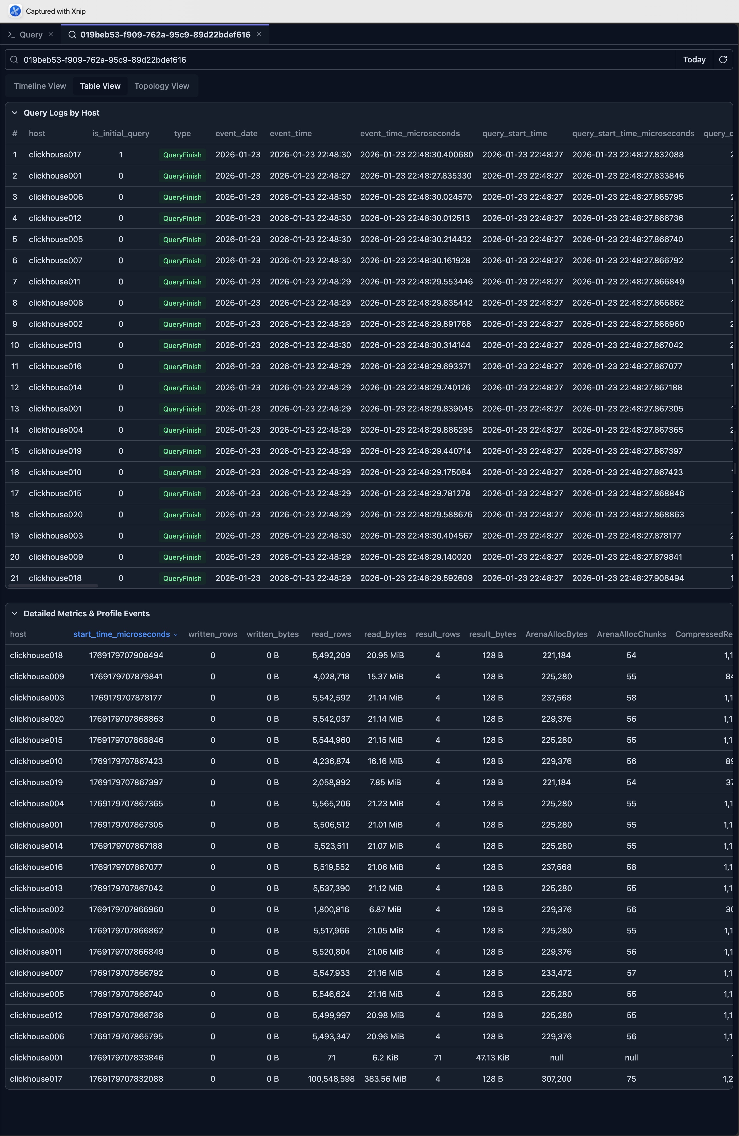 Query log inspector table view listing all query executions across cluster nodes with sortable columns for metrics analysis