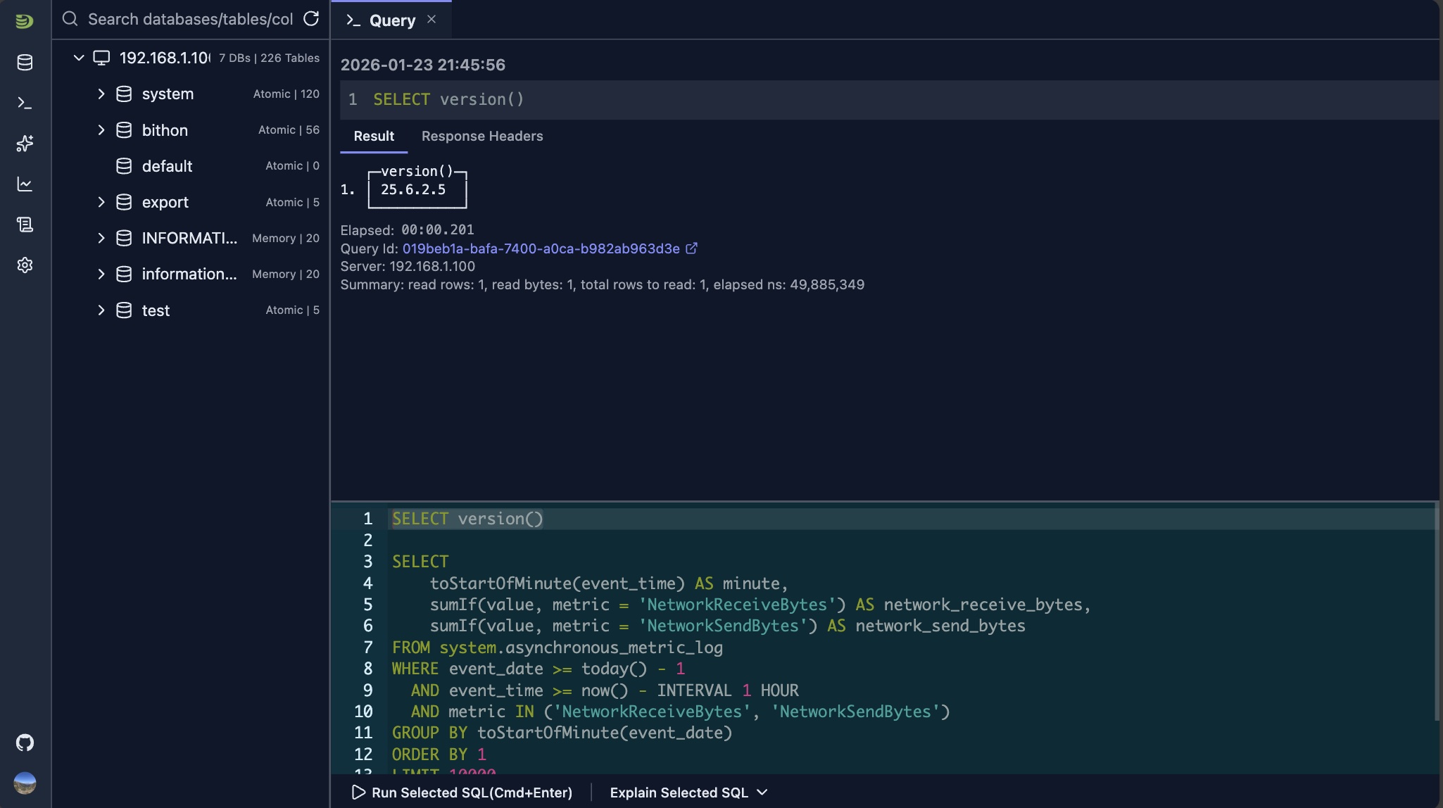 SQL editor interface showing terminal-like query input area with syntax highlighting and query results displayed above