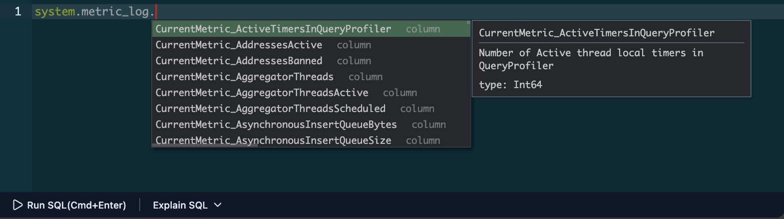 Auto-completion showing column suggestions for the selected table with data types