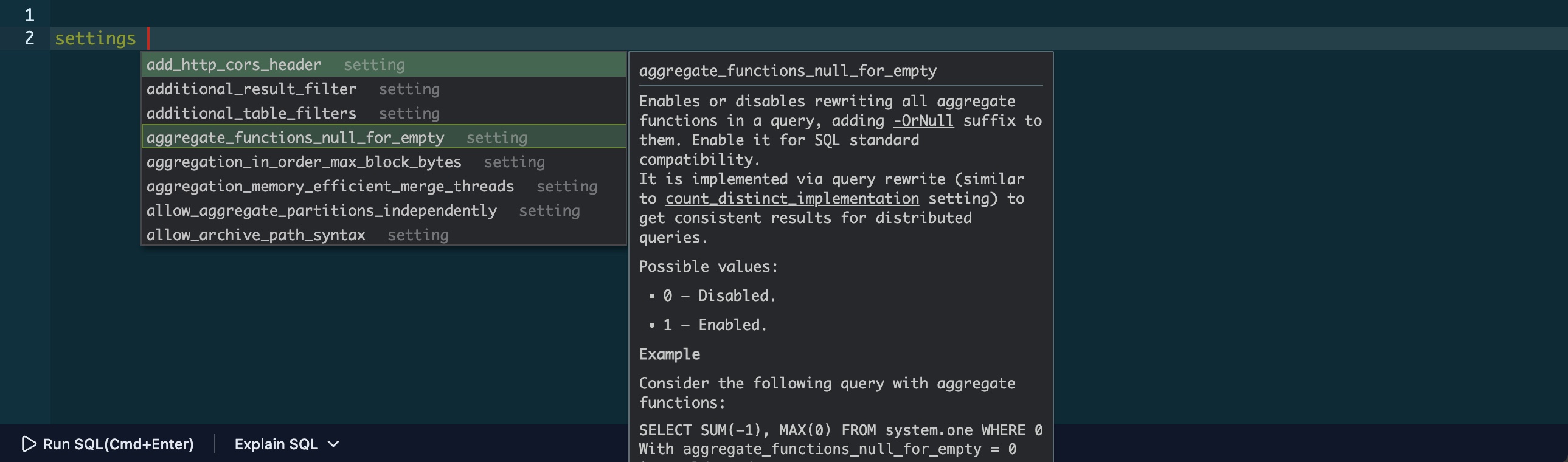ClickHouse settings auto-completion showing available settings with their current values and descriptions