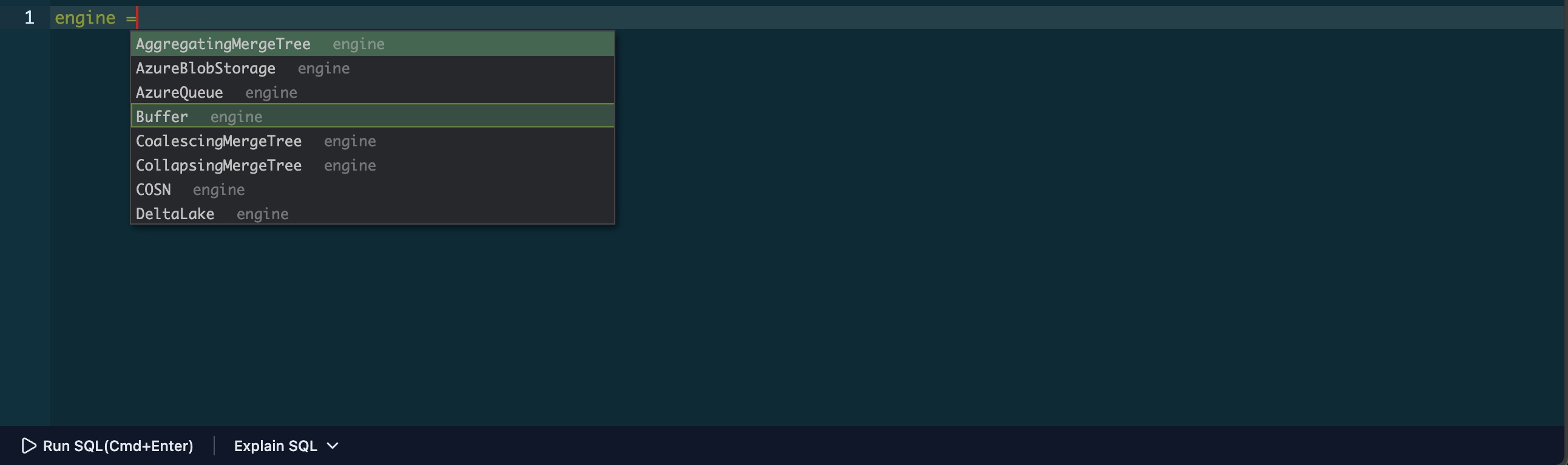 Table engine auto-completion showing available ClickHouse table engines after ENGINE keyword