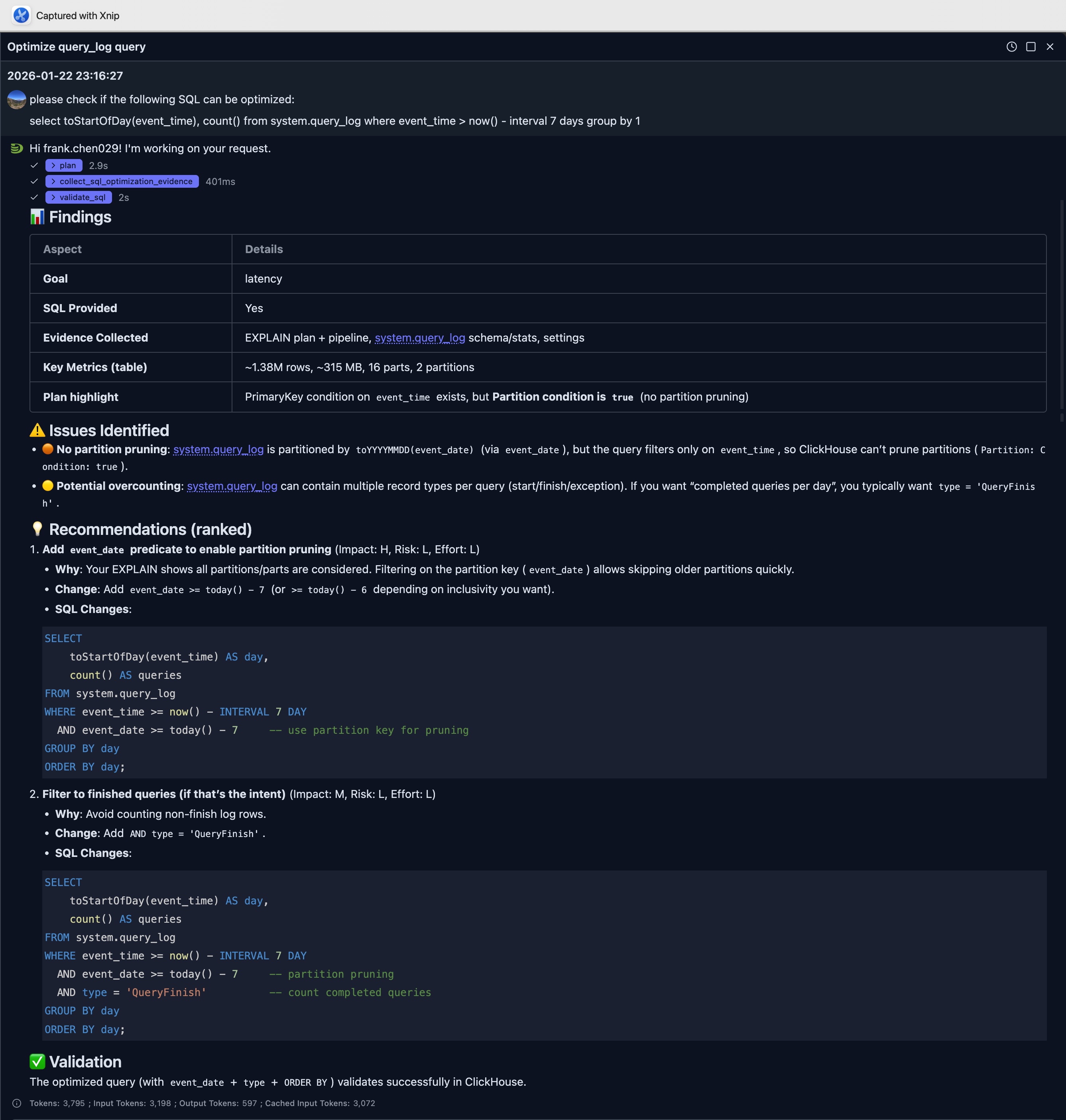AI query optimization suggestion showing partition pruning improvement by adding event_date filter to reduce data scanning