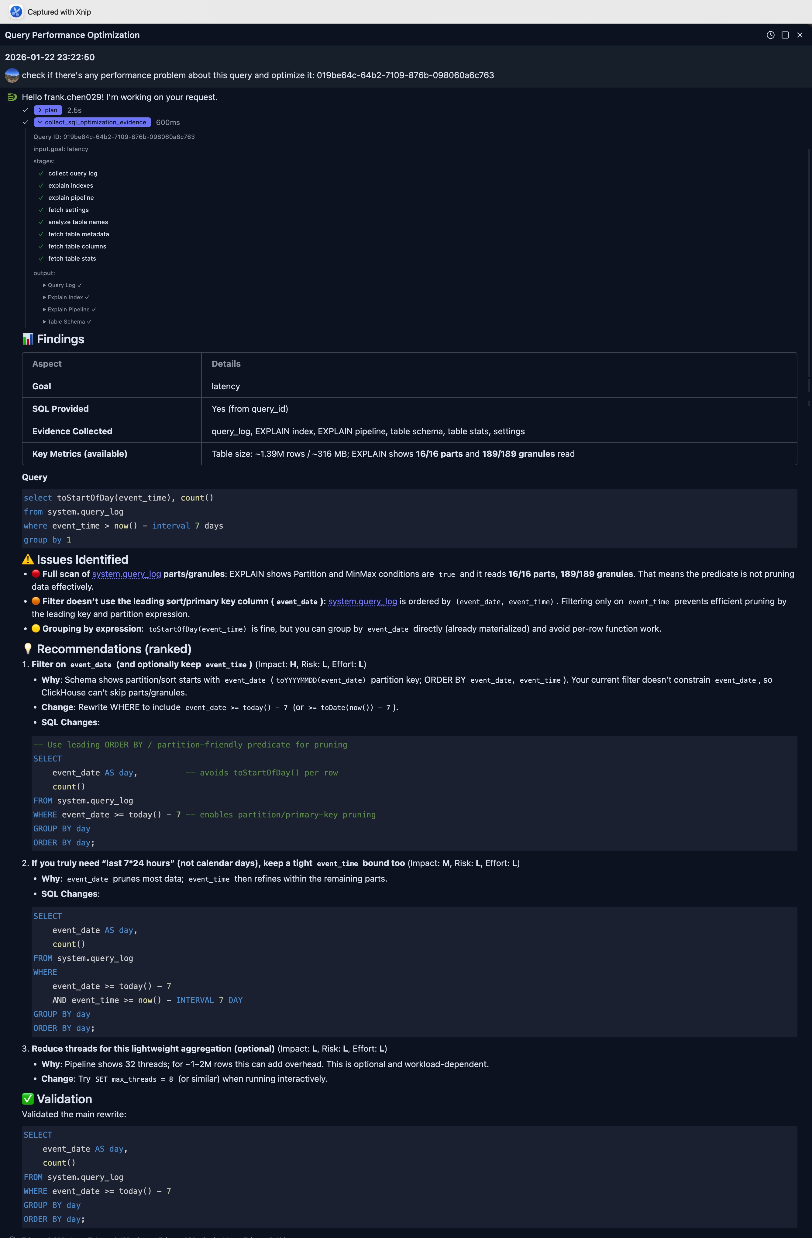 Query optimization analysis using query_id showing performance diagnostics and optimization recommendations from query log