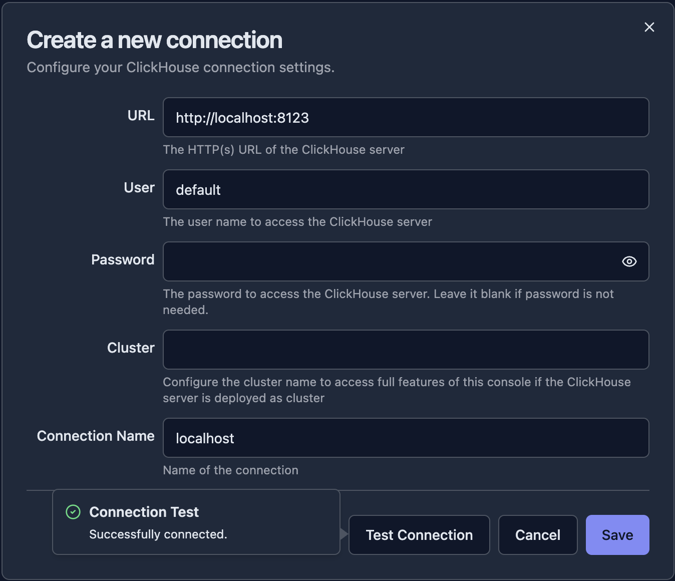 Successful connection test dialog showing green checkmark and connection confirmation message